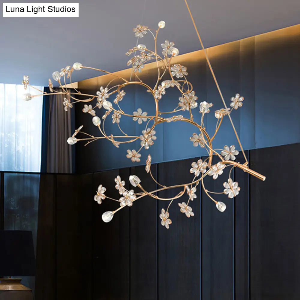 Gold Metallic Pendant Light: Romantic Plum Tree Chandelier With Crystal Flower (12 Lights) For Cafe