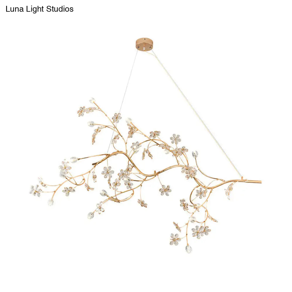 Gold Metallic Pendant Light: Romantic Plum Tree Chandelier With Crystal Flower (12 Lights) For Cafe