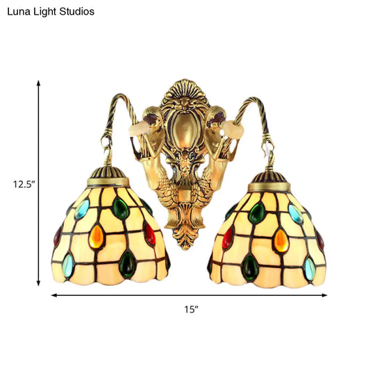 Jeweled Beige Glass Sconce Light: Elegant 2-Headed Brass Wall Mount For Bedroom