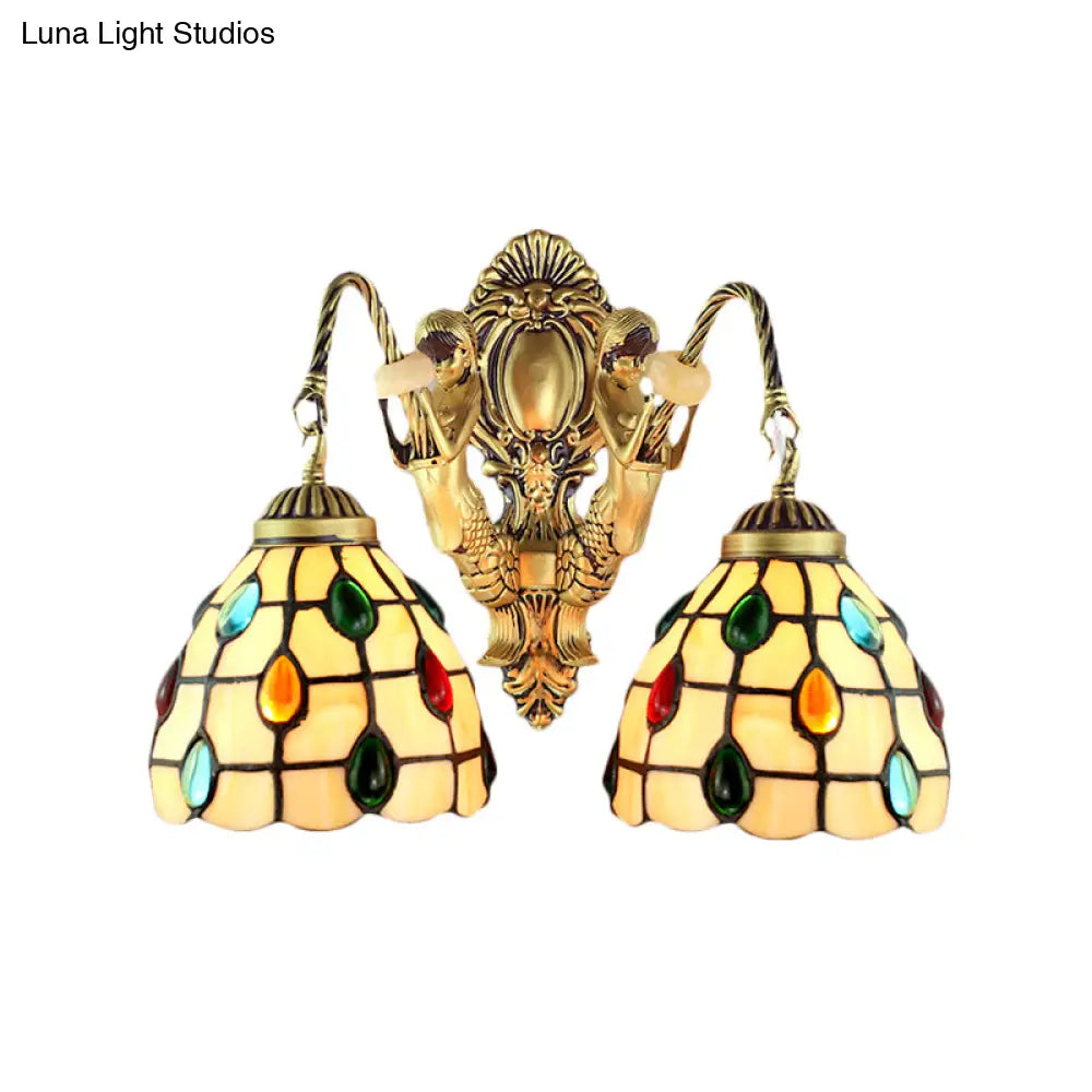 Jeweled Beige Glass Sconce Light: Elegant 2-Headed Brass Wall Mount For Bedroom