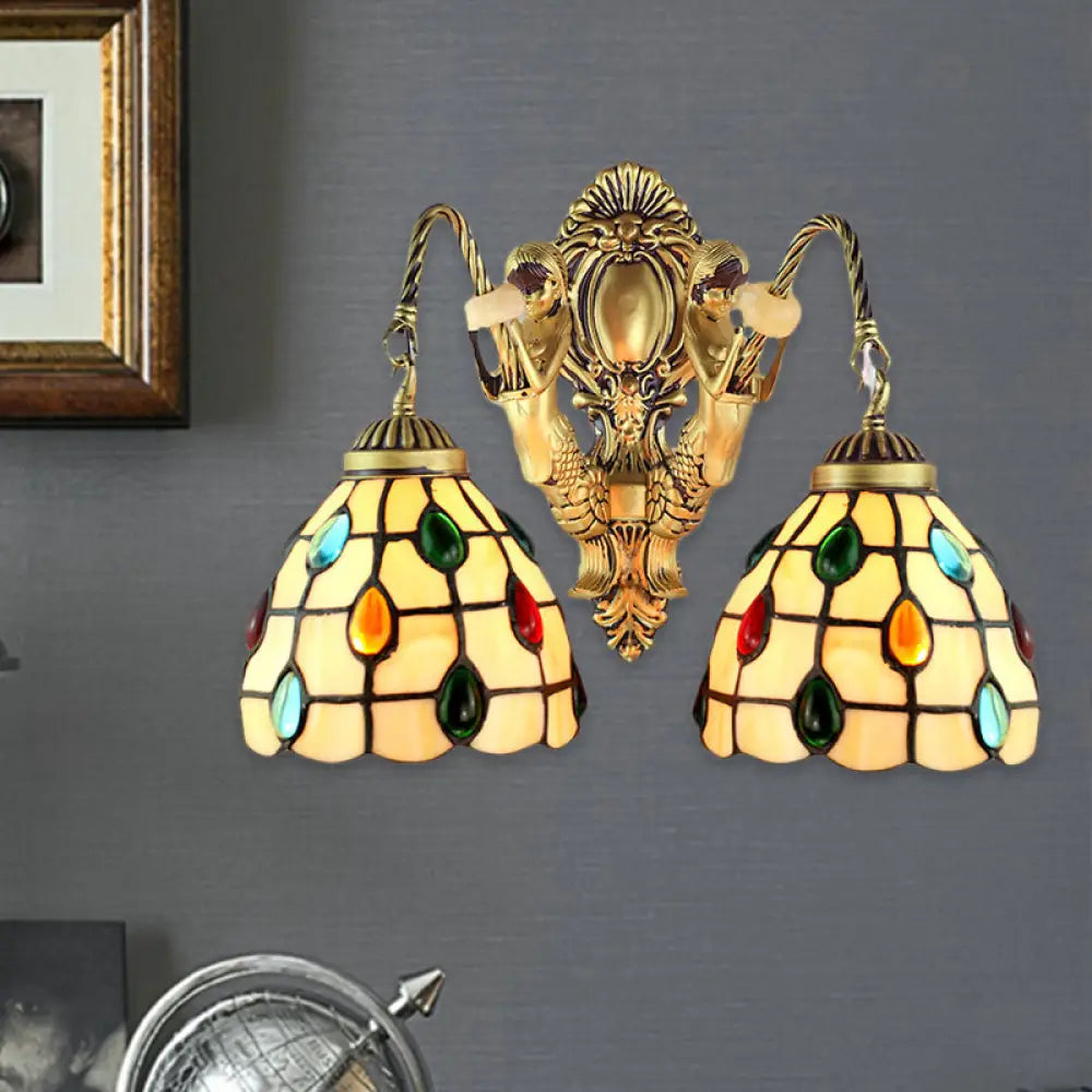 Jeweled Beige Glass Sconce Light: Elegant 2-Headed Brass Wall Mount For Bedroom