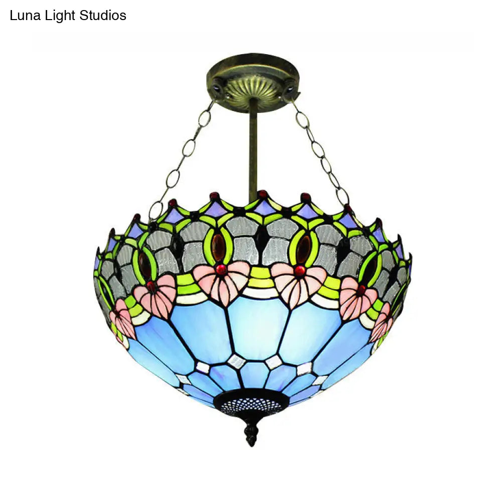 Sophisticated Blue Ceiling Light For Bedroom - Jeweled Semi Flush Mount With 3 Lights Art Glass