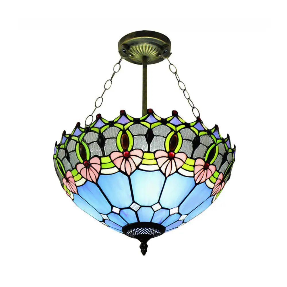 Jeweled Semi - Flush Mount Ceiling Light With Art Glass Shade - 3 Lights Blue 16’ Width Perfect