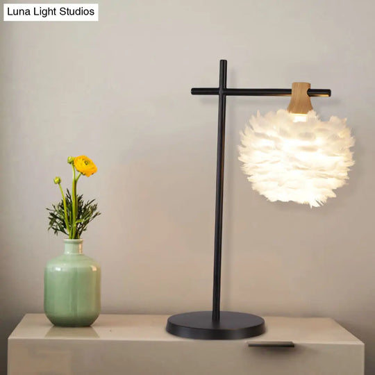 Julia - Nordic Mini Globe Night Light Feather Table Lamp: Black-White