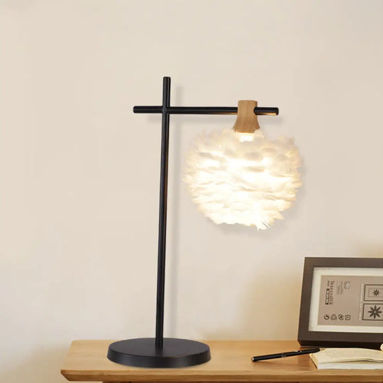 Julia - Nordic Mini Globe Night Light Feather Table Lamp: Black-White White