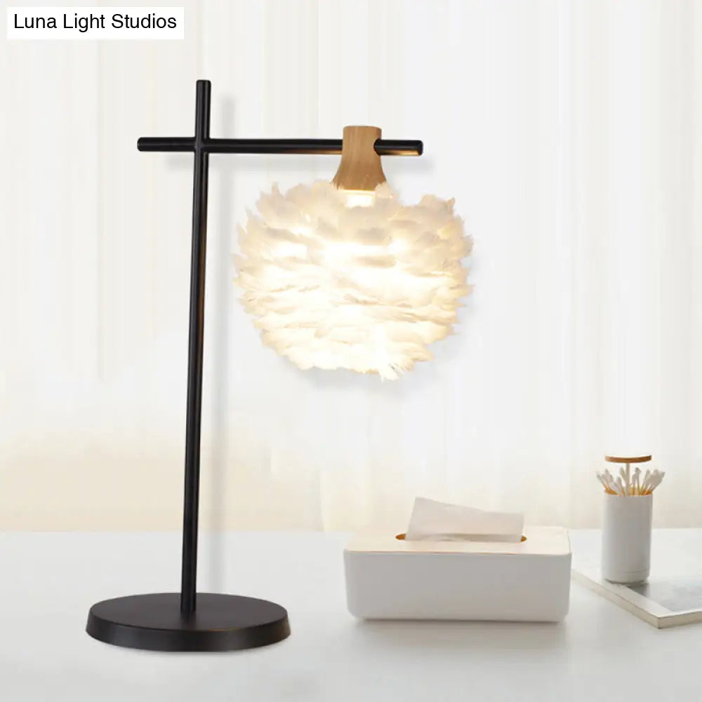 Nordic Mini Feather Table Lamp With Cross Arm - Black-White Night Light For Bedroom