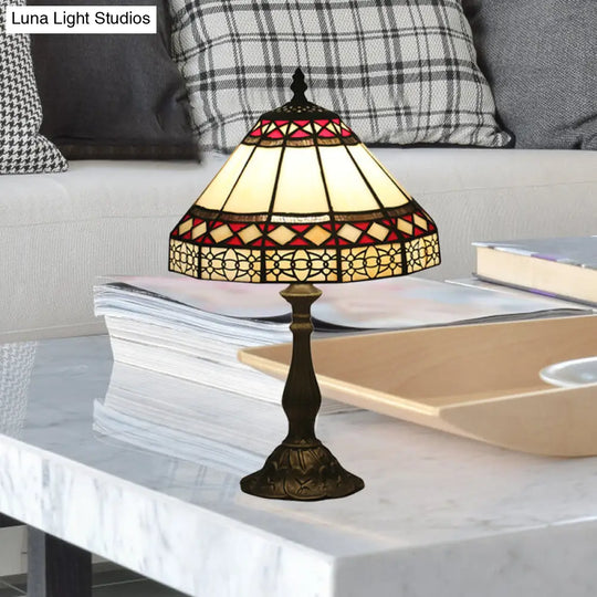 Bronze Mission Conical Stained Art Glass Night Table Lamp With 1 Light & Diamond Pattern