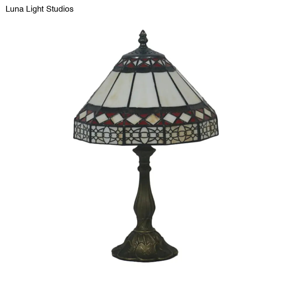 Bronze Mission Conical Stained Art Glass Night Table Lamp With 1 Light & Diamond Pattern