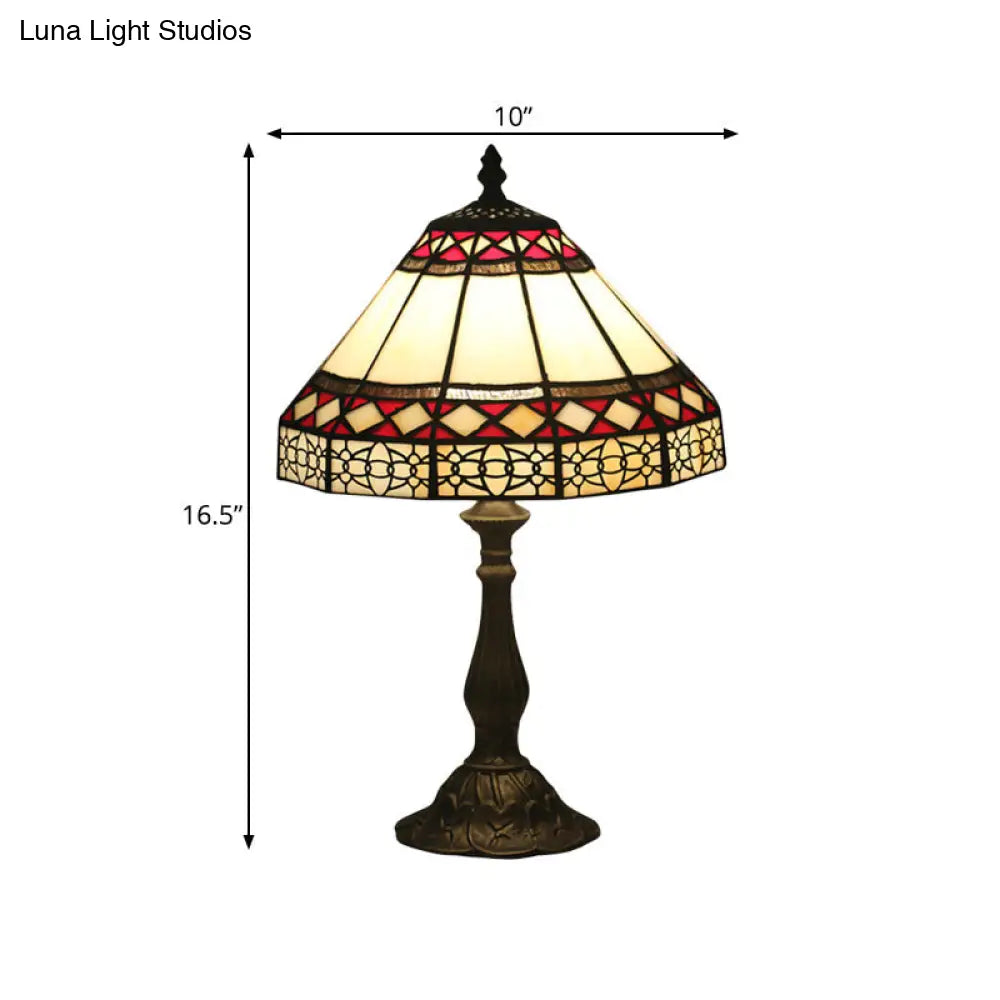 Bronze Mission Conical Stained Art Glass Night Table Lamp With 1 Light & Diamond Pattern