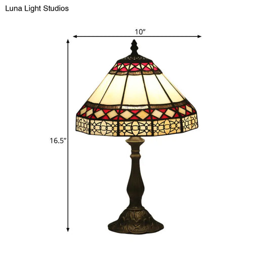 Bronze Mission Conical Stained Art Glass Night Table Lamp With 1 Light & Diamond Pattern