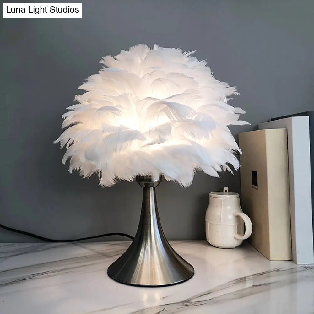 Contemporary Feather Grey/White Led Night Table Lamp - Tree-Inspired Reading Light For Study Room