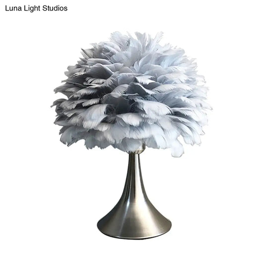 Contemporary Feather Grey/White Led Night Table Lamp - Tree-Inspired Reading Light For Study Room