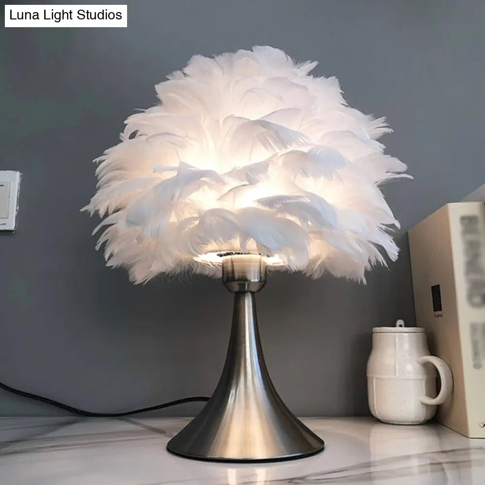 Contemporary Feather Grey/White Led Night Table Lamp - Tree-Inspired Reading Light For Study Room