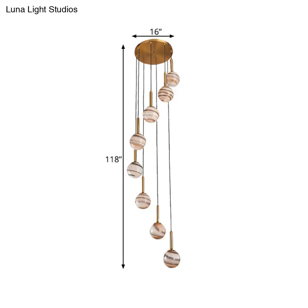 Jupiter Glass Cluster Pendant With Modern Spiral Design - 8 Light Brown Hanging Ceiling Lamp