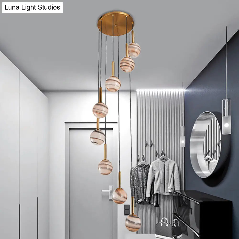 Modern Brown Glass Cluster Pendant Light With Spiral Design - 8 Ball Ceiling Lamp