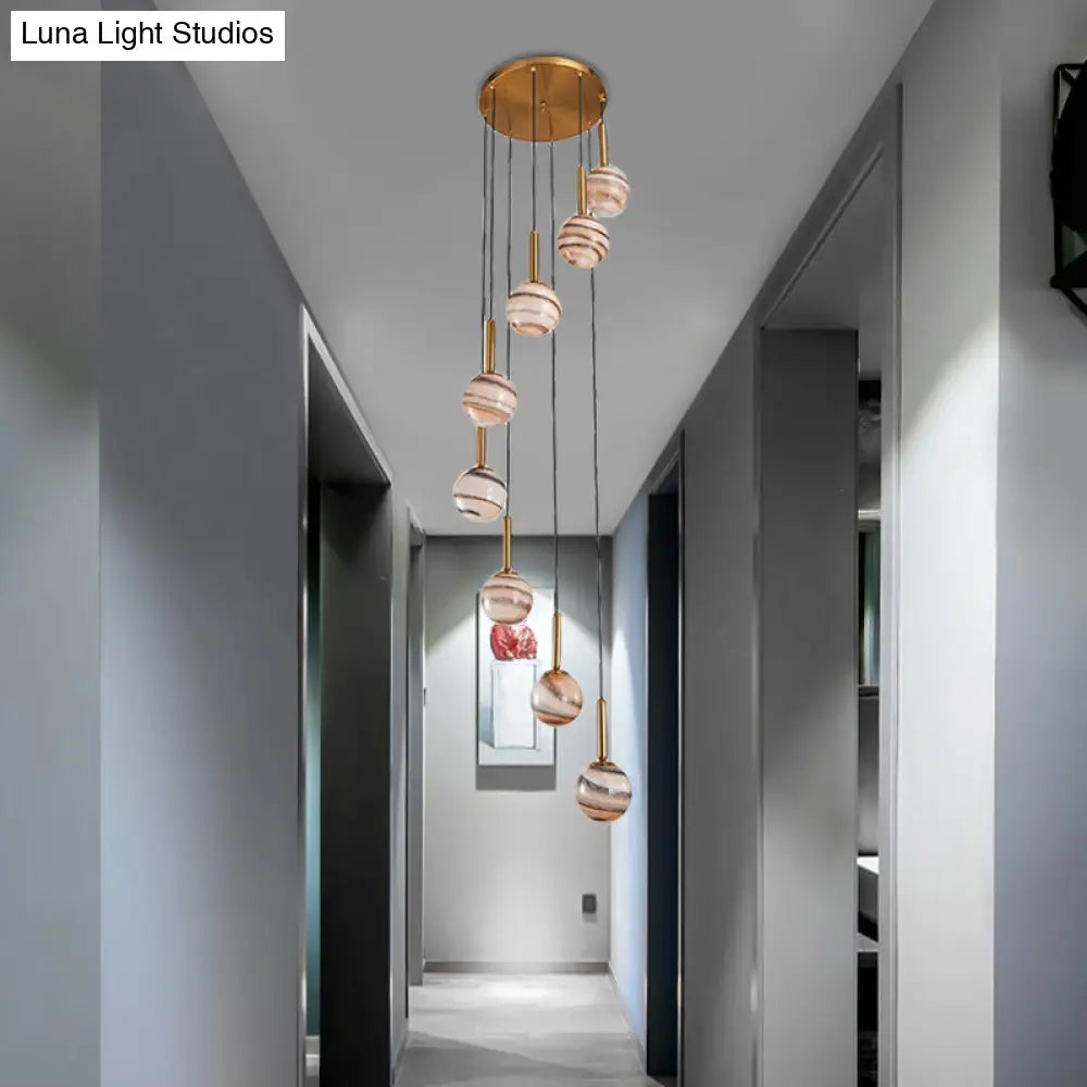 Modern Brown Glass Cluster Pendant Light With Spiral Design - 8 Ball Ceiling Lamp