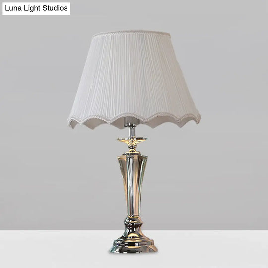 Blue/White Fabric Nightstand Lamp With Pleated/Scalloped Shade - Traditional Crystal Table Light For