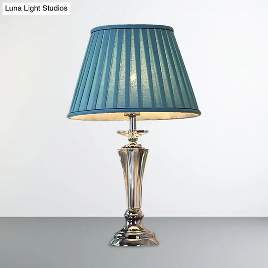 Blue/White Fabric Nightstand Lamp With Pleated/Scalloped Shade - Traditional Crystal Table Light For