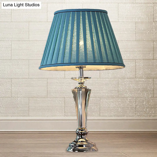 Blue/White Fabric Nightstand Lamp With Pleated/Scalloped Shade - Traditional Crystal Table Light For