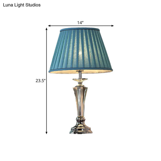 Blue/White Fabric Nightstand Lamp With Pleated/Scalloped Shade - Traditional Crystal Table Light For