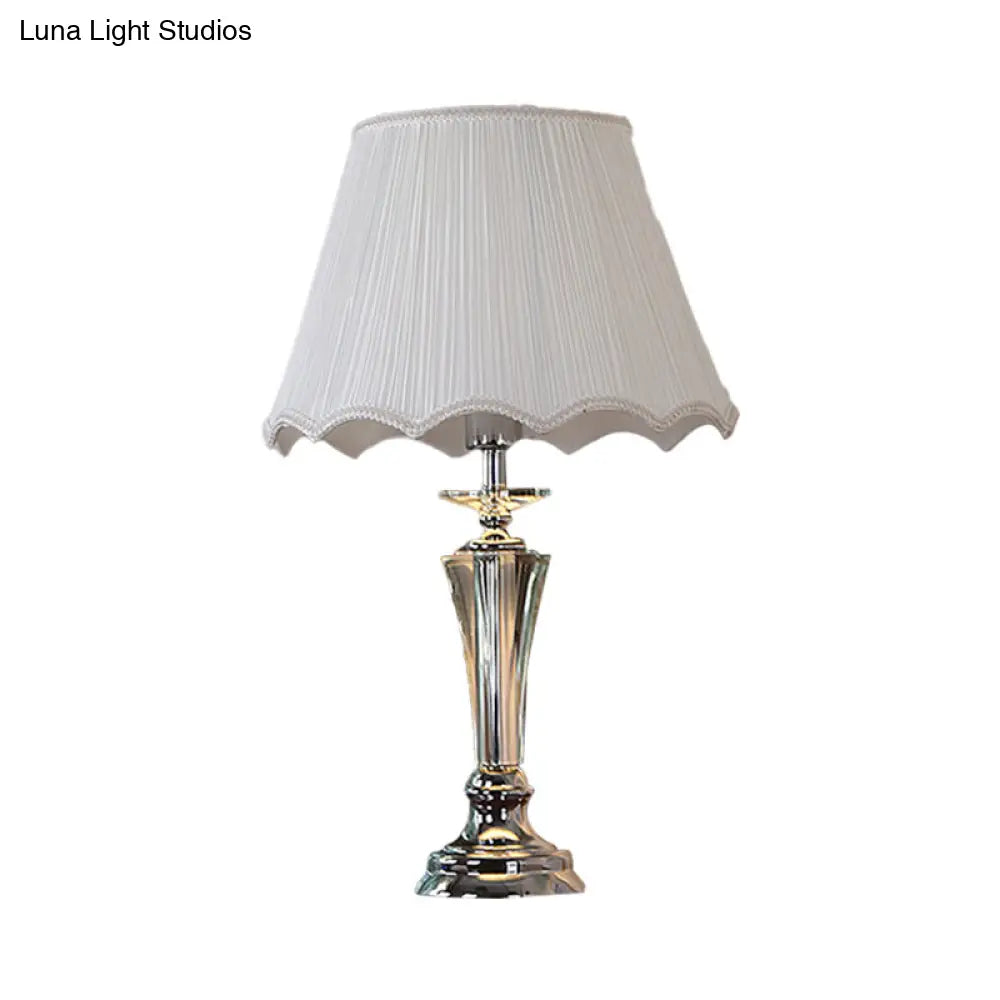 Blue/White Fabric Nightstand Lamp With Pleated/Scalloped Shade - Traditional Crystal Table Light For