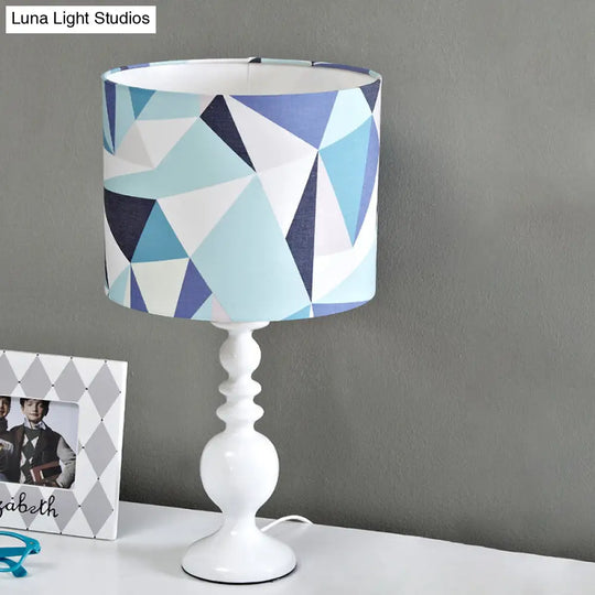 Kids Fabric Drum Shade Table Lamp With Geometric Pattern - Pink/Blue Nightstand Light