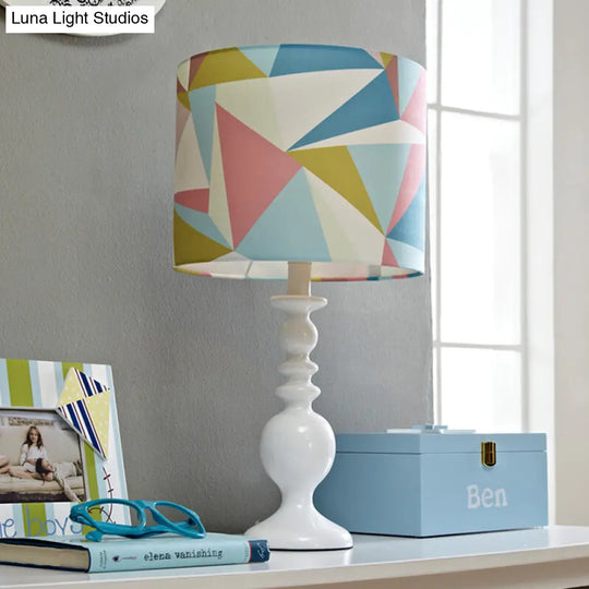 Kids Fabric Drum Shade Table Lamp With Geometric Pattern - Pink/Blue Nightstand Light