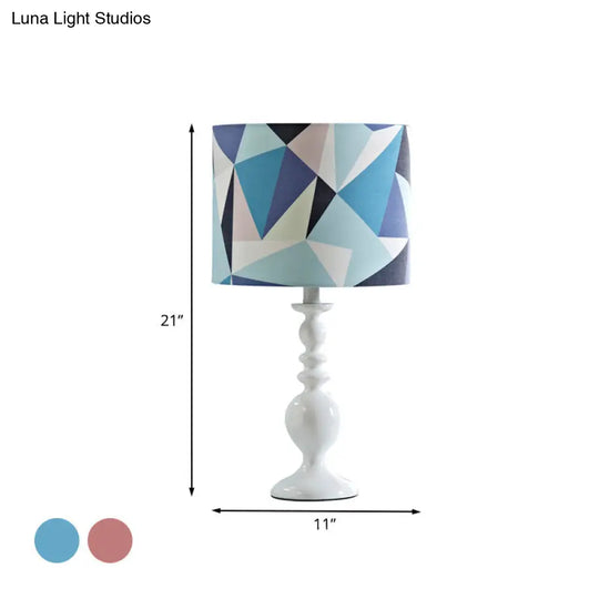 Kids Fabric Drum Shade Table Lamp With Geometric Pattern - Pink/Blue Nightstand Light