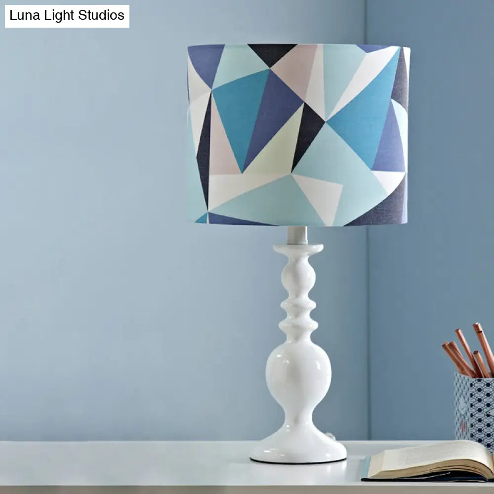 Kids Fabric Drum Shade Table Lamp With Geometric Pattern - Pink/Blue Nightstand Light Blue