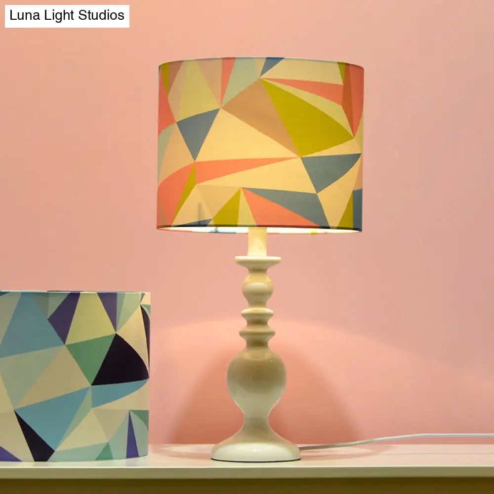 Kids Fabric Drum Shade Table Lamp With Geometric Pattern - Pink/Blue Nightstand Light Pink