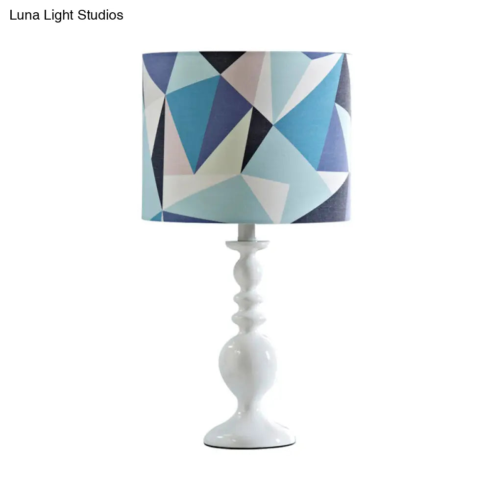 Kids Fabric Drum Shade Table Lamp With Geometric Pattern - Pink/Blue Nightstand Light