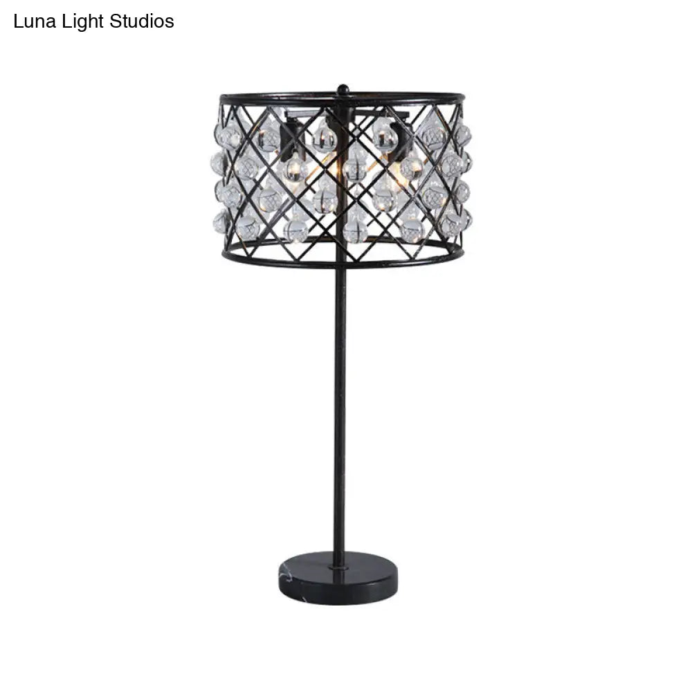 Modernist Grid Nightstand Light - Black Bedside Table Lamp With Crystal Drip Drum Design 3 Lights