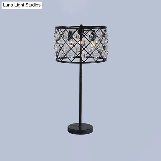 Modernist Grid Nightstand Light - Black Bedside Table Lamp With Crystal Drip Drum Design 3 Lights