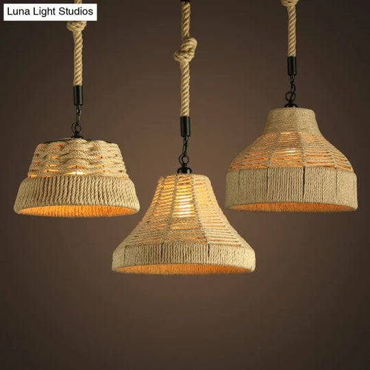 Handcrafted Jute Rope Pendant Light - Rustic Brown Trumpet/Bowl/Truncated Cone Shaped For