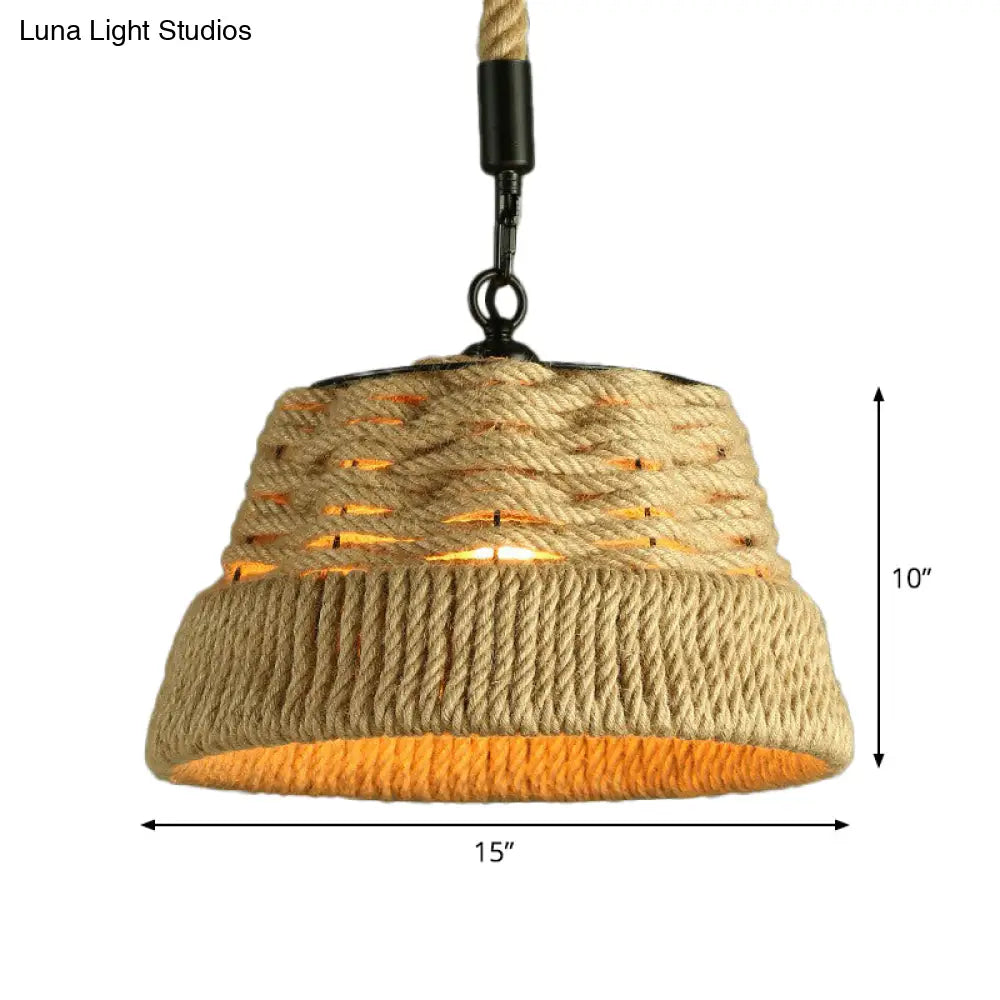 Jute Rope Drop Pendant Rustic Brown Restaurant Hanging Light - Single Hand-Worked Design