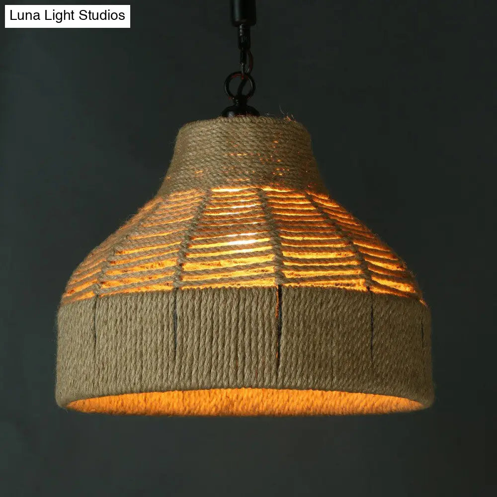 Jute Rope Drop Pendant Rustic Brown Restaurant Hanging Light - Single Hand-Worked Design