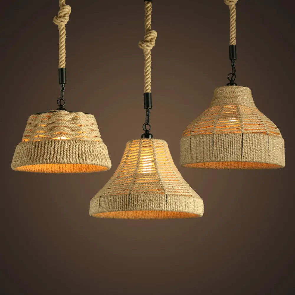 Jute Rope Drop Pendant Rustic Brown Restaurant Hanging Light - Single Hand-Worked Design / C