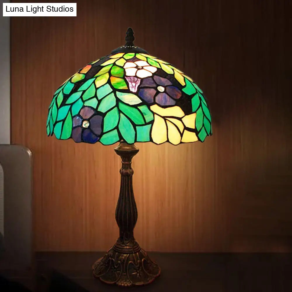 Stained Glass Coffee Nightstand Lamp In Bowl Shape - Victorian Leaf And Petal Design