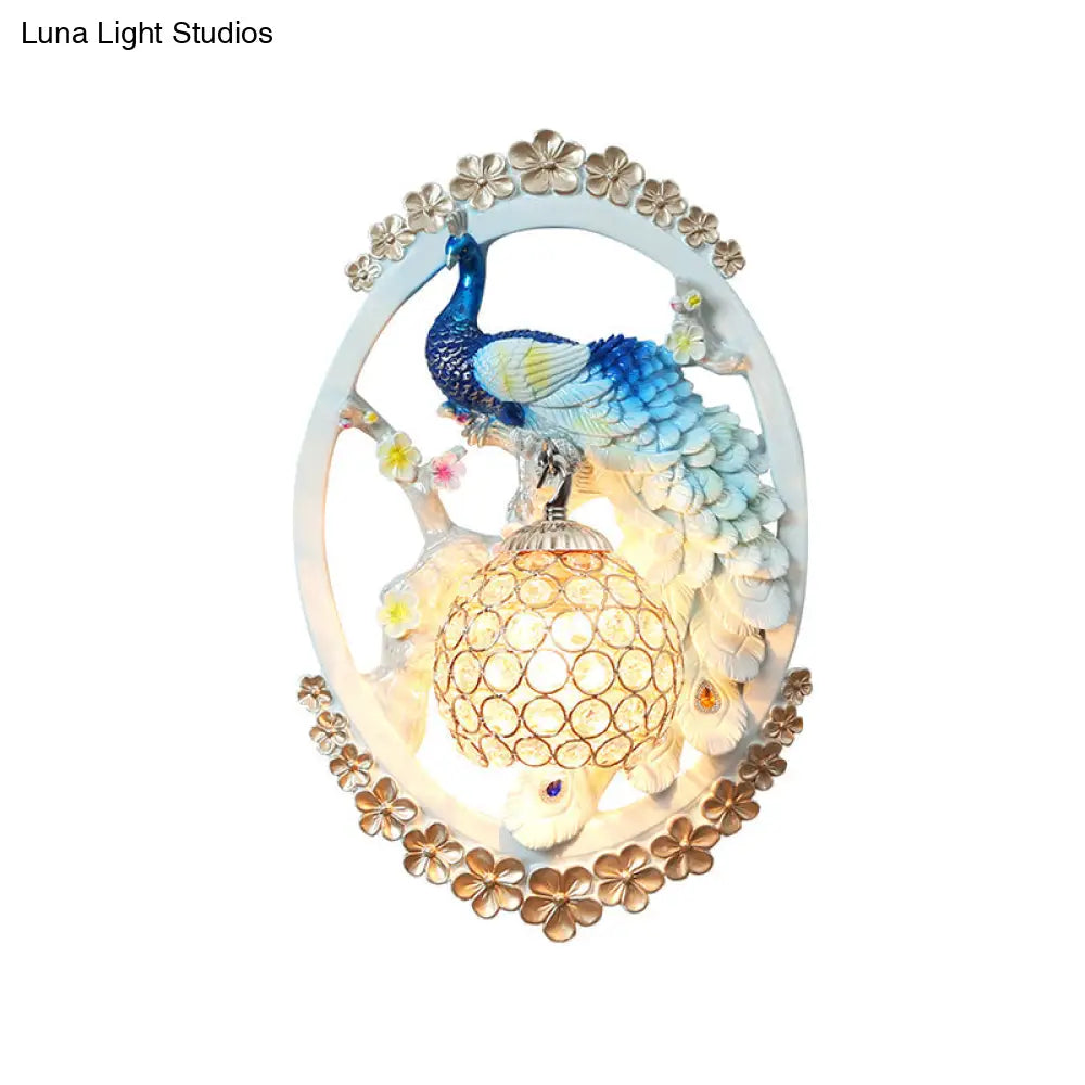 K9 Crystal Ball Peacock Design Wall Sconce - Contemporary Blue & White Living Room Lighting