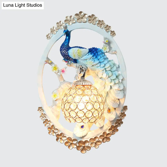 K9 Crystal Ball Peacock Design Wall Sconce - Contemporary Blue & White Living Room Lighting