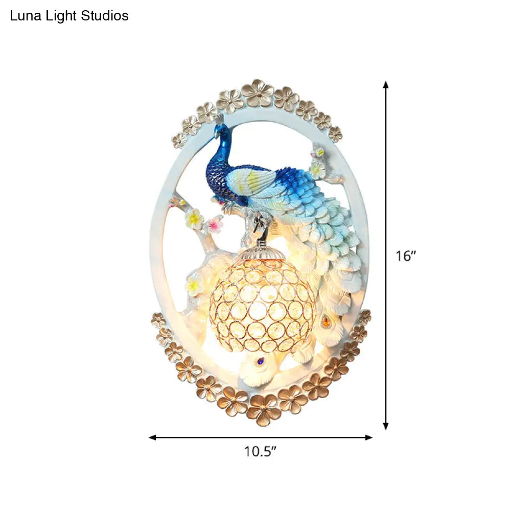 K9 Crystal Ball Peacock Design Wall Sconce - Contemporary Blue & White Living Room Lighting