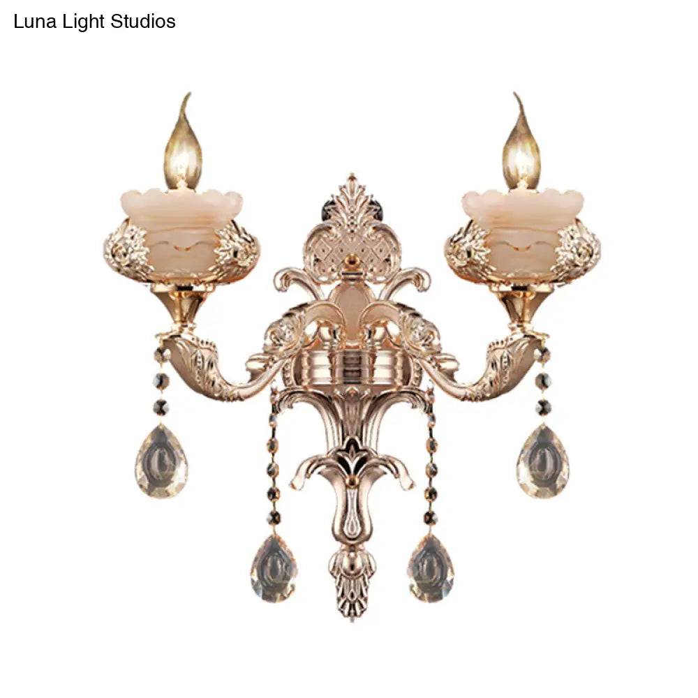 K9 Crystal Sconce Lamp: Traditional Gold Candle Wall Lighting Fixture With Jade Saucer