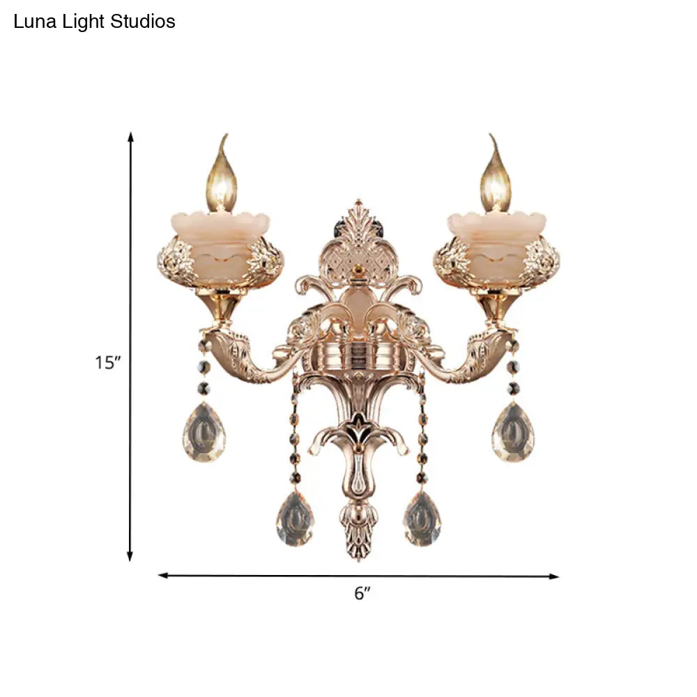 K9 Crystal Sconce Lamp: Traditional Gold Candle Wall Lighting Fixture With Jade Saucer