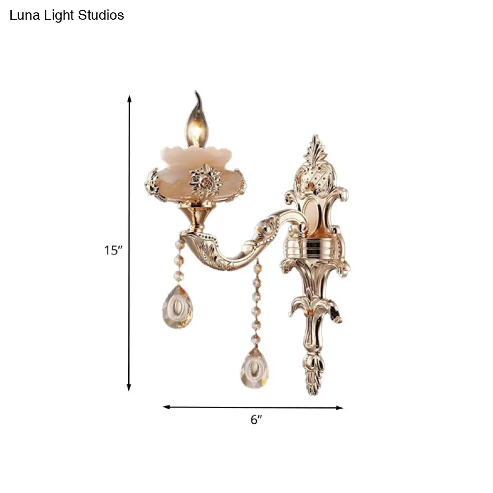 K9 Crystal Sconce Lamp: Traditional Gold Candle Wall Lighting Fixture With Jade Saucer