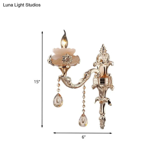 K9 Crystal Sconce Lamp: Traditional Gold Candle Wall Lighting Fixture With Jade Saucer