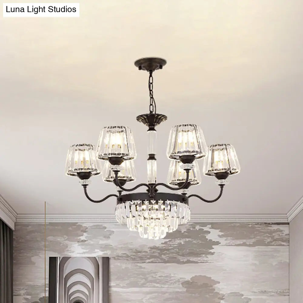 Modern K9 Crystal Ceiling Light - 9-Head Tapered Chandelier In Elegant Black Shade