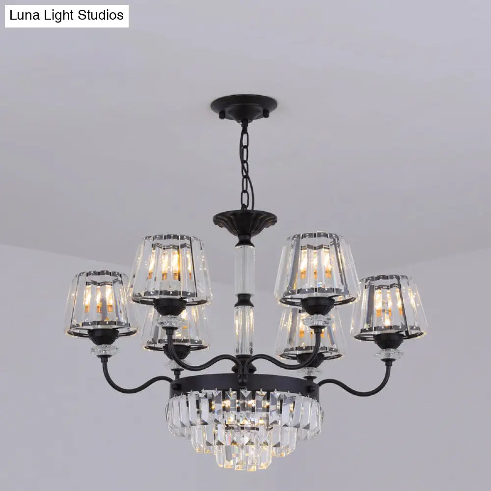 Modern K9 Crystal Ceiling Light - 9-Head Tapered Chandelier In Elegant Black Shade