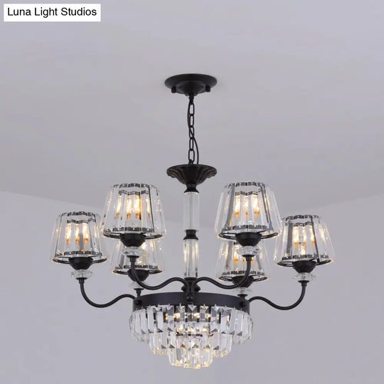 Modern K9 Crystal Ceiling Light - 9-Head Tapered Chandelier In Elegant Black Shade