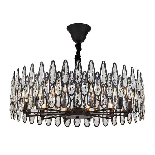 K9 Crystal Tear Drop Suspension Chandelier In Artistic Black For Living Room / Large Round