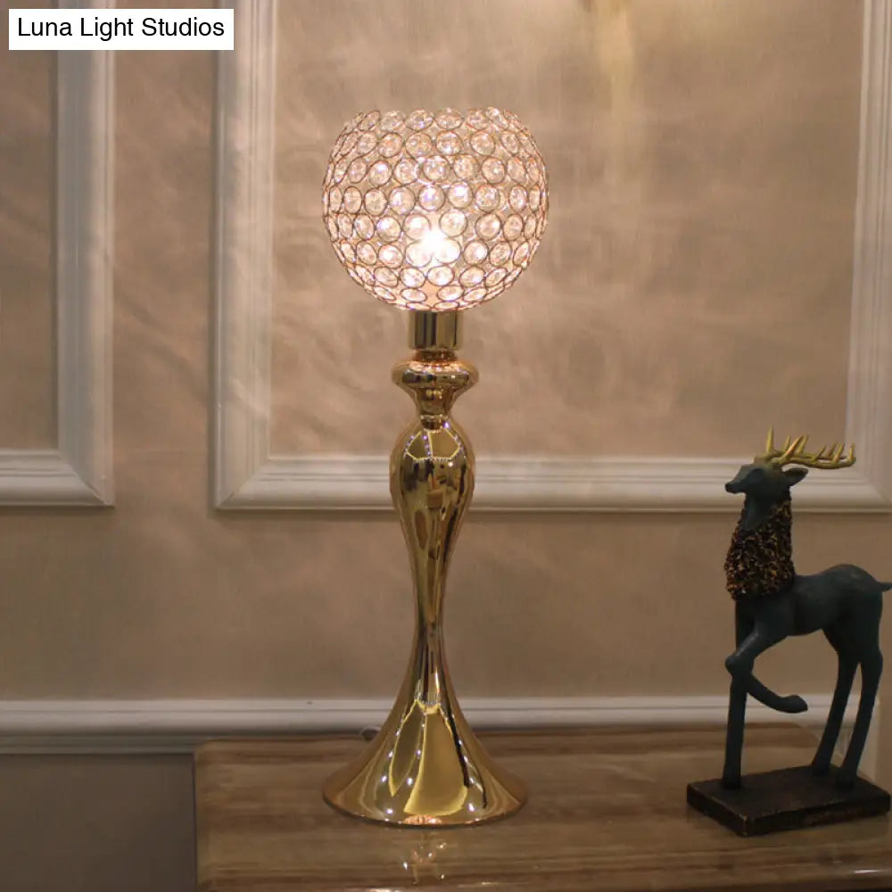 Traditional Metal Table Lamp With Crystal Shade - Gold Curvaceous Nightstand Light 1 Bulb Bedroom